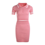 Knitting Ribbed Fashion Women Two Piece Sets Short Sleeve Casual Bodycon Outfits Button Crop Top And Skirt Co-ord Set