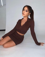 Knitting Ribbed Fashion Women Two Piece Sets Short Sleeve Casual Bodycon Outfits Button Crop Top And Skirt Co-ord Set