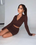 Knitting Ribbed Fashion Women Two Piece Sets Short Sleeve Casual Bodycon Outfits Button Crop Top And Skirt Co-ord Set