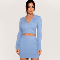 Knitting Ribbed Fashion Women Two Piece Sets Short Sleeve Casual Bodycon Outfits Button Crop Top And Skirt Co-ord Set