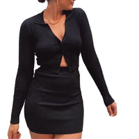 Knitting Ribbed Fashion Women Two Piece Sets Short Sleeve Casual Bodycon Outfits Button Crop Top And Skirt Co-ord Set