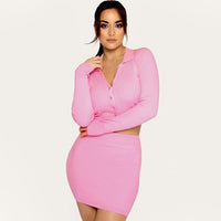 Knitting Ribbed Fashion Women Two Piece Sets Short Sleeve Casual Bodycon Outfits Button Crop Top And Skirt Co-ord Set