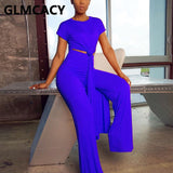 Women Chic Two Piece Suits Solid Casual Short Sleeve Shirt and Wide Leg Pants Set