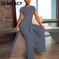 Women Chic Two Piece Suits Solid Casual Short Sleeve Shirt and Wide Leg Pants Set