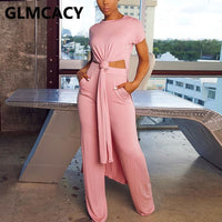 Women Chic Two Piece Suits Solid Casual Short Sleeve Shirt and Wide Leg Pants Set