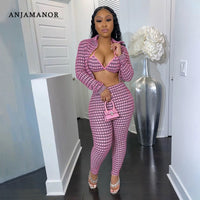 ANJAMANOR Spring 2020 Plaid Pink Sexy 3 Piece Set Plus Size Clothing Club Outfits Jacket Crop Top Pants Matching Sets D25-EB42