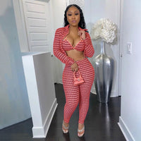 ANJAMANOR Spring 2020 Plaid Pink Sexy 3 Piece Set Plus Size Clothing Club Outfits Jacket Crop Top Pants Matching Sets D25-EB42