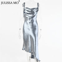 Julissa mo Metallic Satin Straps Long Dress Summer Backless Women Asymmetrical Dress Female Elegant Christmas Party Vestidos