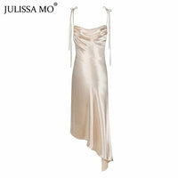 Julissa mo Metallic Satin Straps Long Dress Summer Backless Women Asymmetrical Dress Female Elegant Christmas Party Vestidos