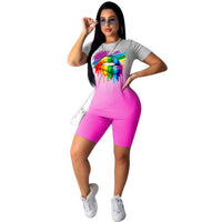 2020 Summer Women Tracksuit Gradient Lips Print Plus Size Two Piece Set Top and Biker Shorts Lounge Wear Outfits Matching Sets