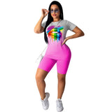 2020 Summer Women Tracksuit Gradient Lips Print Plus Size Two Piece Set Top and Biker Shorts Lounge Wear Outfits Matching Sets