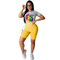 2020 Summer Women Tracksuit Gradient Lips Print Plus Size Two Piece Set Top and Biker Shorts Lounge Wear Outfits Matching Sets