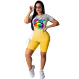 2020 Summer Women Tracksuit Gradient Lips Print Plus Size Two Piece Set Top and Biker Shorts Lounge Wear Outfits Matching Sets