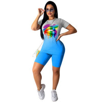 2020 Summer Women Tracksuit Gradient Lips Print Plus Size Two Piece Set Top and Biker Shorts Lounge Wear Outfits Matching Sets