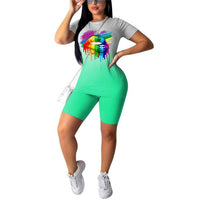 2020 Summer Women Tracksuit Gradient Lips Print Plus Size Two Piece Set Top and Biker Shorts Lounge Wear Outfits Matching Sets