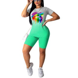 2020 Summer Women Tracksuit Gradient Lips Print Plus Size Two Piece Set Top and Biker Shorts Lounge Wear Outfits Matching Sets