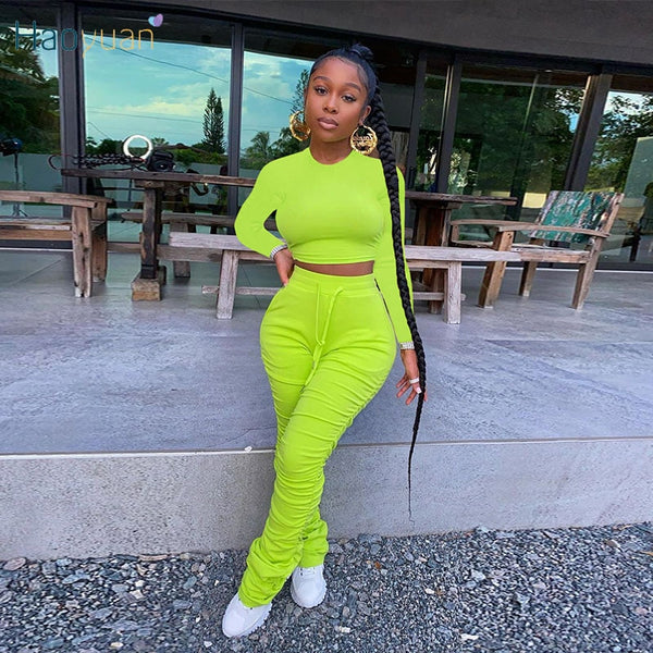 HAOYUAN Casual Two Piece Set Jumpsuit Long Sleeve Crop Top+Stacked Pants Tracksuit Fall Clothing for Women Outfits Matching Sets