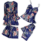 4 Pieces Women Pajamas Sets Satin Sleepwear Silk Nightwear Pyjama Spaghetti Strap Sleep Lounge Pijama with Chest Pads