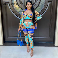 ANJAMANOR Fashion Retro Printed 3 Three Piece Set Fall 2020 Women Clothing Sexy Club Outfits Plus Size Matching Sets D42-EA42