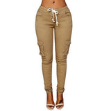 Spring Women Pencil Pant Lace Up Waist Casual Women Pants Solid Multi-Pockets Plus Size Cargo Pants Slim Fit Trousers