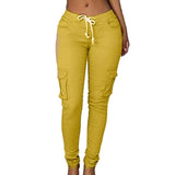 Spring Women Pencil Pant Lace Up Waist Casual Women Pants Solid Multi-Pockets Plus Size Cargo Pants Slim Fit Trousers