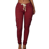 Spring Women Pencil Pant Lace Up Waist Casual Women Pants Solid Multi-Pockets Plus Size Cargo Pants Slim Fit Trousers