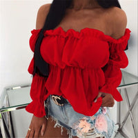 Hirigin 2020 Elegant Women Off Shoulder Chiffon Blouse Fashion Solid Color Pleated Sexy Shirt New Office Street Tops and Blouses