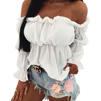 Hirigin 2020 Elegant Women Off Shoulder Chiffon Blouse Fashion Solid Color Pleated Sexy Shirt New Office Street Tops and Blouses