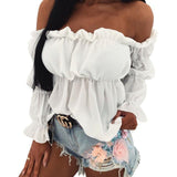 Hirigin 2020 Elegant Women Off Shoulder Chiffon Blouse Fashion Solid Color Pleated Sexy Shirt New Office Street Tops and Blouses
