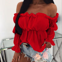 Hirigin 2020 Elegant Women Off Shoulder Chiffon Blouse Fashion Solid Color Pleated Sexy Shirt New Office Street Tops and Blouses