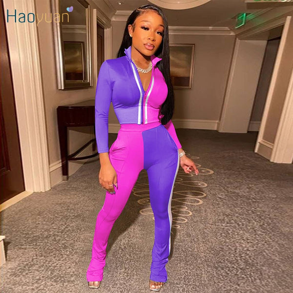 HAOYUAN Sexy Two Piece Jumpsuit Women Fall Clothing Zipper Long Sleeves Top+Patchwork Pants Club Outfits Tracksuit Matching Sets