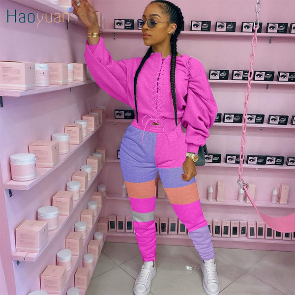 HAOYUAN Casual Patchwork Two Piece Set Jumpsuit Long Sleeve Bandage Sweatshirt Top+Joggers Fitness Fall Clothes for Women Outfit