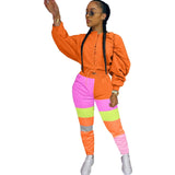 HAOYUAN Casual Patchwork Two Piece Set Jumpsuit Long Sleeve Bandage Sweatshirt Top+Joggers Fitness Fall Clothes for Women Outfit