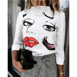 Autumn Women Blouse Shirts Cute Eyes Lips Print Casual Stand Neck Elegant Pullover Tops Lady Fashion Long Sleeve Blusa Sexy Top