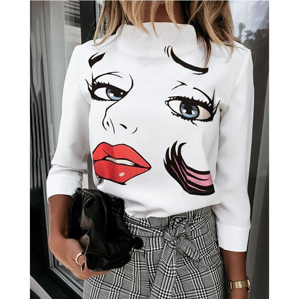 Autumn Women Blouse Shirts Cute Eyes Lips Print Casual Stand Neck Elegant Pullover Tops Lady Fashion Long Sleeve Blusa Sexy Top