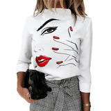 Autumn Women Blouse Shirts Cute Eyes Lips Print Casual Stand Neck Elegant Pullover Tops Lady Fashion Long Sleeve Blusa Sexy Top