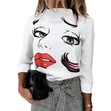 Autumn Women Blouse Shirts Cute Eyes Lips Print Casual Stand Neck Elegant Pullover Tops Lady Fashion Long Sleeve Blusa Sexy Top