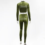 JillPeri Winter Velvet Crop Jacket and Tracksuit Joggers Two Piece Set with Diamante Rhinestones Jogging Suits for Women