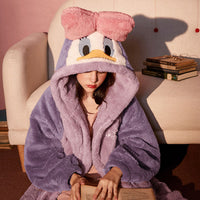 SOUGEN Pajamas for Women Bow Hooded Sleepwear Pink Coral Fleece Women Home Clothes Winter Lounge Cartoon Duck Pijama Women Thick