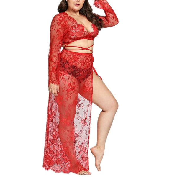 Fashion Long Gowns Lace Lingerie Plus Size Sexy Sleepwear Nightgown See Through Night Dress Womens Clothing Big size Hot Erotic