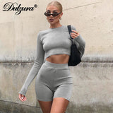 Dulzura Ribbed Women Solid Two Piece Set Long Sleeve Crop Top Biker Shorts High Waist Bodycon Sexy Streetwear Tracksuit Matching