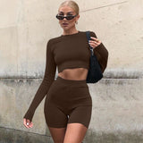 Dulzura Ribbed Women Solid Two Piece Set Long Sleeve Crop Top Biker Shorts High Waist Bodycon Sexy Streetwear Tracksuit Matching