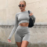 Dulzura Ribbed Women Solid Two Piece Set Long Sleeve Crop Top Biker Shorts High Waist Bodycon Sexy Streetwear Tracksuit Matching