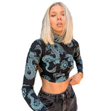 Women Dragon Pattern Print Crop T-shirts Tops Long Sleeve Backless Sexey Tees Top  Women Cropped Skinny Elastic Clothing