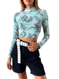 Women Dragon Pattern Print Crop T-shirts Tops Long Sleeve Backless Sexey Tees Top  Women Cropped Skinny Elastic Clothing