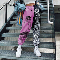 Women Fashion Skull Pattern Print Patchwork Pants Autumn Elastic Waist Pocket Harajuku Sport Trouser Casual Streetwear Sweatpant