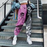 Women Fashion Skull Pattern Print Patchwork Pants Autumn Elastic Waist Pocket Harajuku Sport Trouser Casual Streetwear Sweatpant