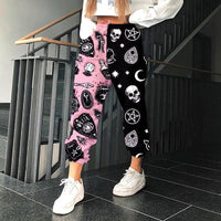 Women Fashion Skull Pattern Print Patchwork Pants Autumn Elastic Waist Pocket Harajuku Sport Trouser Casual Streetwear Sweatpant