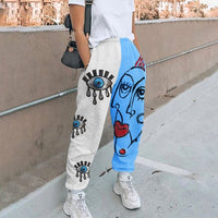 Women Fashion Skull Pattern Print Patchwork Pants Autumn Elastic Waist Pocket Harajuku Sport Trouser Casual Streetwear Sweatpant