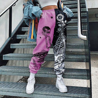 Women Fashion Skull Pattern Print Patchwork Pants Autumn Elastic Waist Pocket Harajuku Sport Trouser Casual Streetwear Sweatpant